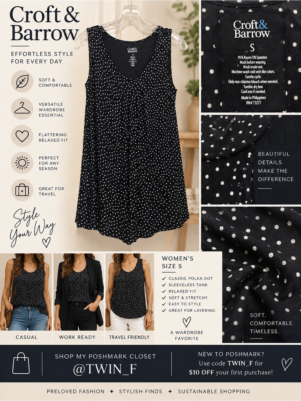 Croft & Barrow Polka Dot Tank Top Women’s S Black White Sleeveless Flowy